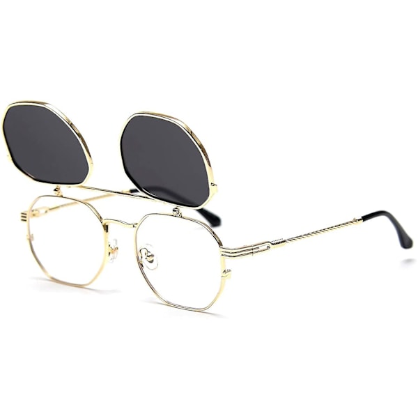 Flip Up Solbriller Mænd Kvinder Polariseret Steampunk Flip Solbriller Med Dobbelt Linser (FW) Gold Frame-Gray Lens 6 x 3.5 x 0.5 inches