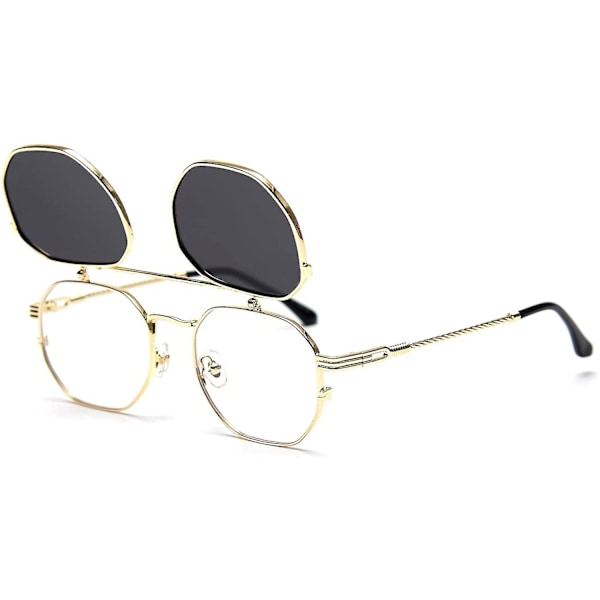 Käännettävät aurinkolasit miehille ja naisille, polarisoidut steampunk-käännettävät aurinkolasit kaksoislinseillä (FW) Gold Frame-Gray Lens 6 x 3.5 x 0.5 inches