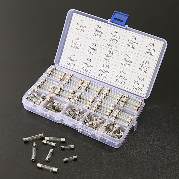 250 st snabba glasrörssäkringar i olika storlekar 250V (5x20mm och 6x30mm)