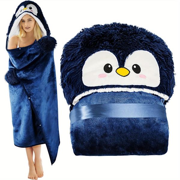 Super Mjuk Pingvin Huvtröja Bärbar Filt - Flanell & Sherpa Fleece Vuxen Kappa med Handskar - Maskintvättbar Gray