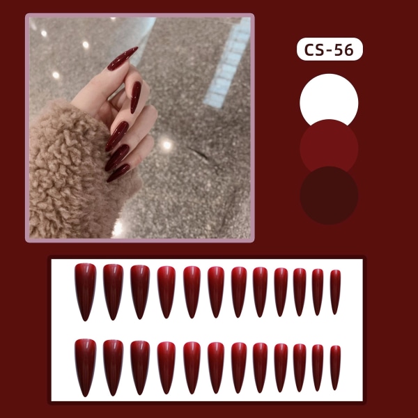 24st vinröd ren färg lång kista glänsande falska naglar Tryck på nageln falska tips Manikyr för kvinnor och flickor