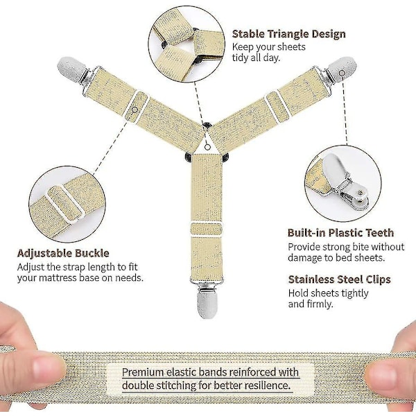 Sänglakanhållare, 8 st Justerbara Elastiska Triangelband med Hållare för Madrasshörn Khaki