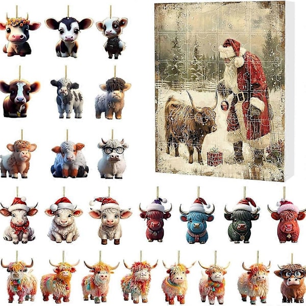 2024 Highland Cow Julkalender, 24 Unika 2D Ko-Hängsmycken, Barn & Vuxna 24 Dagars Julnedräkning Smycken Present {DB}
