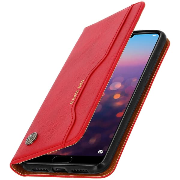 Læder Folio Etui til Huawei P20 Pro, Video Stand Ægte Læder [DB] Red