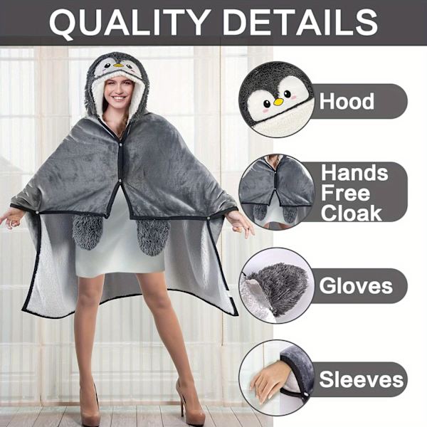 Super Blød Pingvin Hættetrøje - Flanel & Sherpa Fleece Voksen Kappe med Handsker - Maskinvaskbar Gray