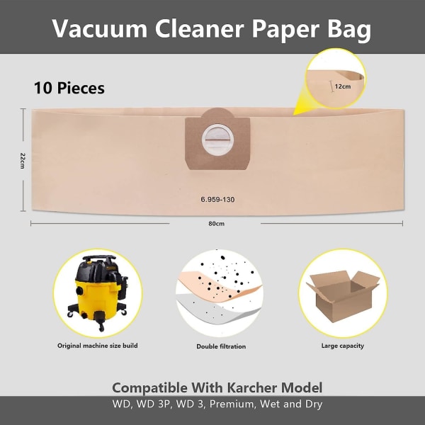 10 kappaleen pölypussisarja Karcher 6.959-130.0 Wd3 Wd3p Mv3 A2204 A2254 A2604 Vaihtopussit Paperisuodatinpussit Märkä- ja kuivaimuriin