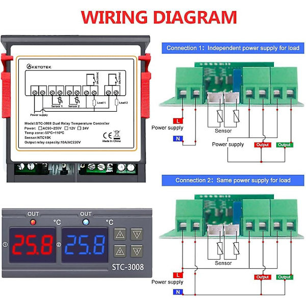 Digital temperaturregulator 220v dobbelt relæ med 2 sensorer temperaturfølere Stc-3008 køling varme regulator inkubator