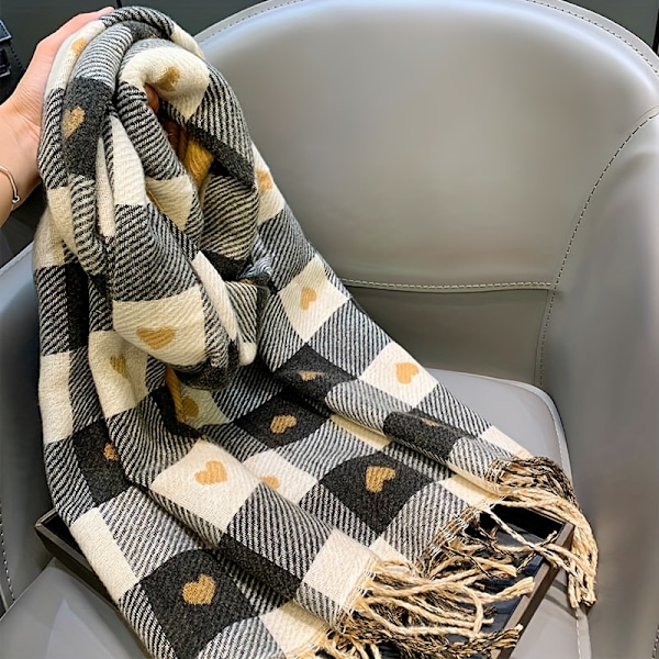 Stiligsk Hjertemønstret Dame-Sjal - Varmt, Vindtett Polyester Sjal for Kveldsdatoer & Bursdagsgaver, Perfekt Høst/Vinter Tilbehør db Black