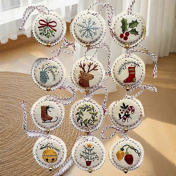 Jolly and Bright Håndbrodert Julepyntsett, Julebroderisett, Broderisett Julepynt 12pcs