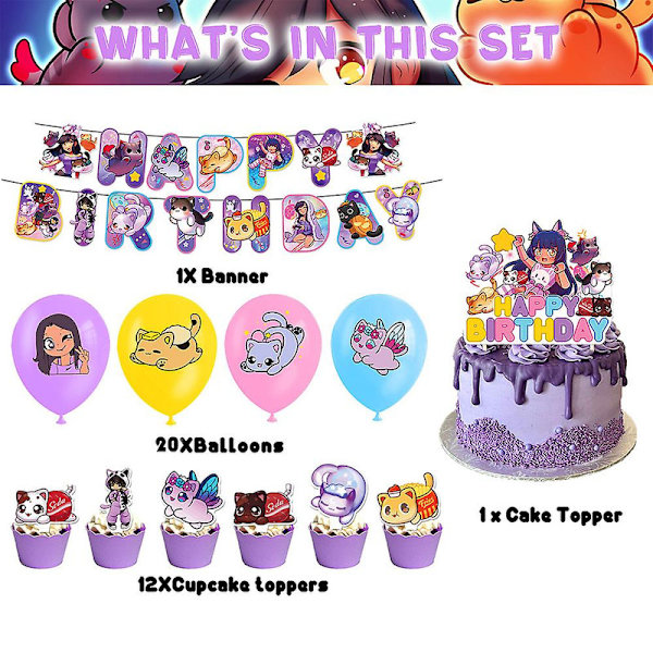 Aphmau Fødselsdagsfest Dekorationer Tegneserie Sød Tema Fødselsdag Dekorationer Balloner Kage Topper Bannere DB