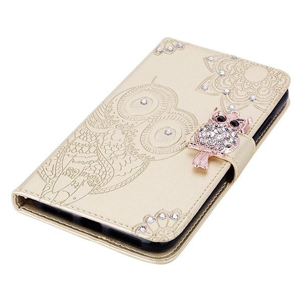 Til Samsung Galaxy S24 Ultra Wallet Case Ugle Blomst Trykt Rhinestone Læder Cover - Rød {db} Gold Samsung Galaxy S24 Ultra