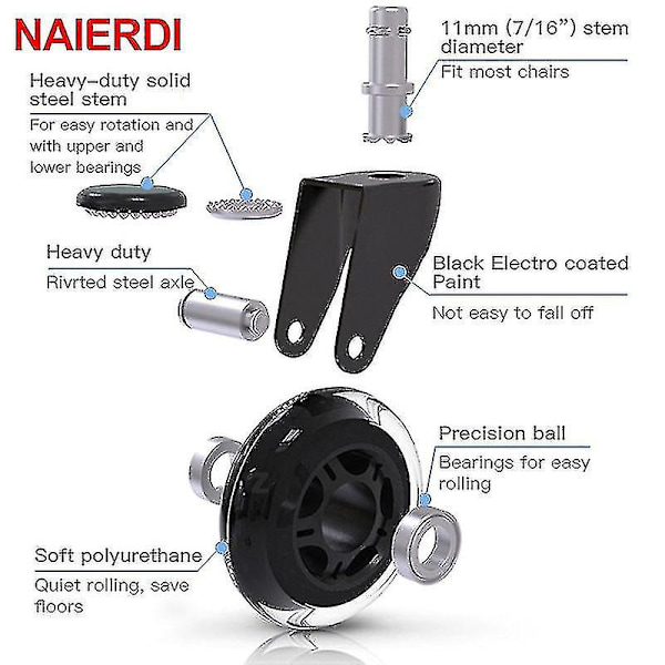 Swivel Rubber Caster Wheels Office Chair Caster Wheels Replacement 60kg Soft Safe Rollerblade Style Caster [db] 11mm