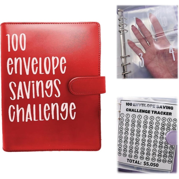 100 Envelope Challenge Binder, 2023 Uusi Säästöhaastekansio, Säästökirja käteiskirjekuorilla, helppo ja hauska tapa säästää 5 050 dollaria db Red