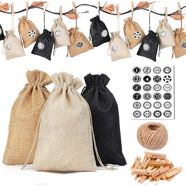 24 Adventskalender - Stoffposer 24 Digitale Klistremerker DIY Julegaveposer Dekorative Poser med Etiketter Små Vareposer [DB]