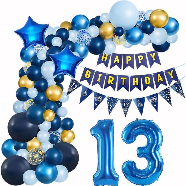 13-års-dekorasjoner i blått med ballonger og krans