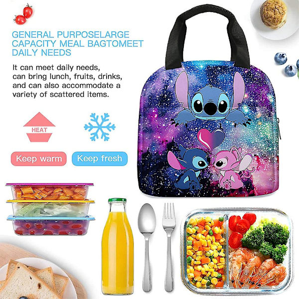 Lilo & Stitch Print Børnemadkasse Tegnefilm Bærbar Termopose Håndtaske Til Skole Kontor Arbejde Picnic [Db] A