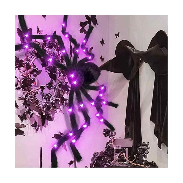Halloween Spider -sisustus, jättiläinen hämähäkki violeteilla led-valoilla, musta karvainen hämähäkki Halloween-pihalle