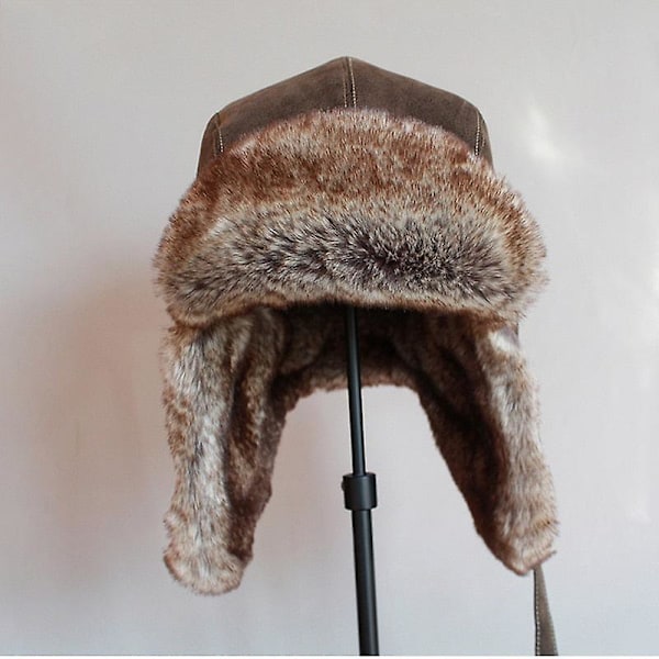 Vinter Ushanka Hatt Män Kvinnor Pilot Flygare Bomber Trapper Hatt Konstgjord Päls Läder Snöhatt Med Öronklaffar {DB} L 58-60 cm Brown