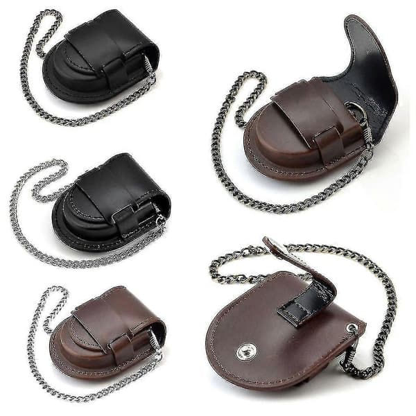 Nahkainen taskukellon suojatasku ketjulla, taskukellon kotelo [DB] Brown Silver chain