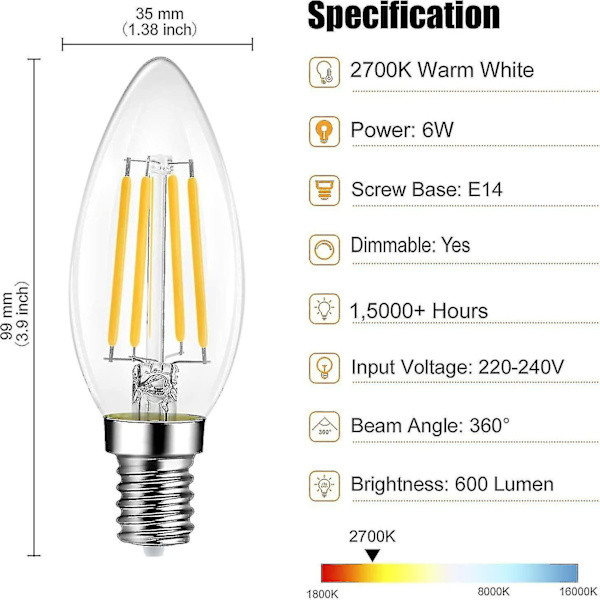 6-pak E14 Dimbar Varmhvit 600lm 6w LED-pærer Erstatter 60w 2700k LED Stearinlys Pære Energisparende [DB]