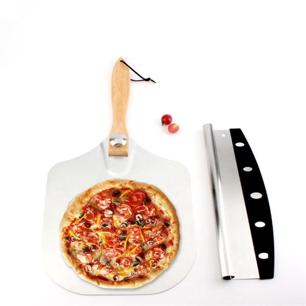 Premium pizzaskall i aluminium med sammenleggbart eikhåndtak, med pizzakutter Rocker 12 tommers blad Pizza S