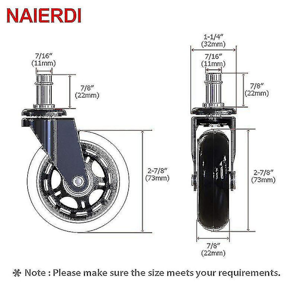 Swivel Rubber Caster Wheels Office Chair Caster Wheels Replacement 60kg Soft Safe Rollerblade Style Caster [db] 11mm