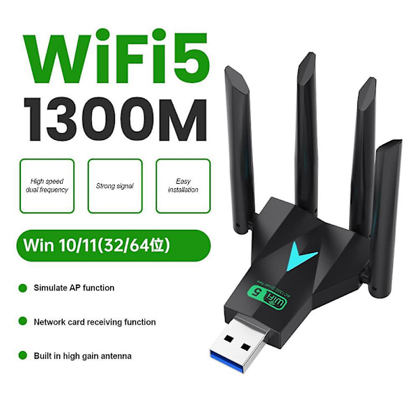 1300Mbps USB 3.0 WiFi Adapter Dual Band 2.4Ghz/5Ghz Trådløs WiFi Dongle Antenne USB Ethernet Nettverkskort Mottaker For Laptop PC Driver Fre [db]