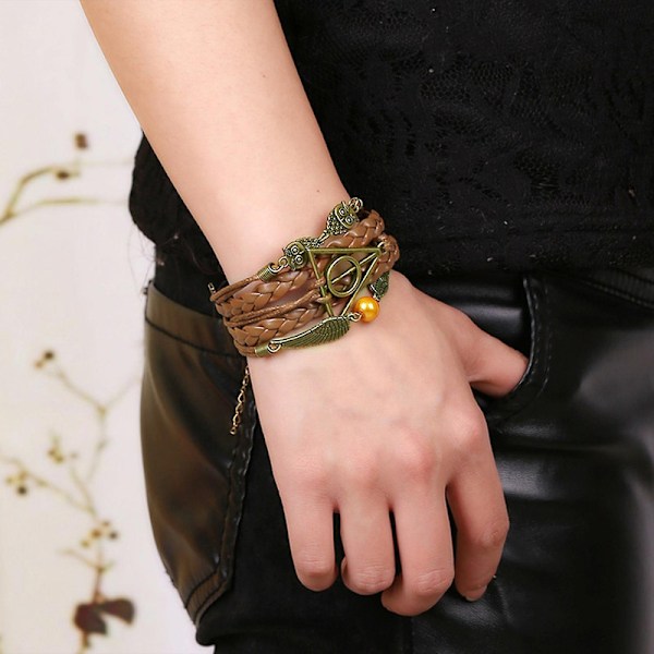 Armbånd Harry P-otter Deathly Hallows Faux Læder Flettet Legering Multilayer Flettet Armring Smykker DB