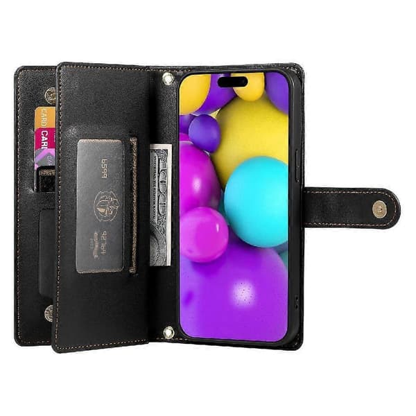 Flip-deksel til iPhone 16 med crossbody-stropp, lommebok, multifunksjonelt stativ [DB] Black