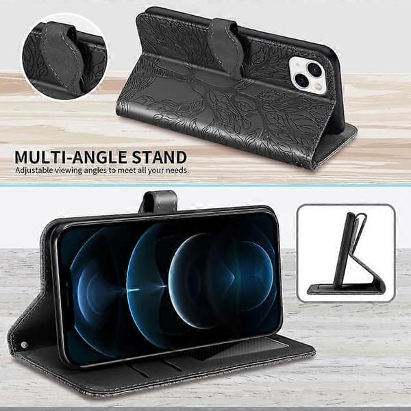 Wallet Case til iPhone 15 Plus 6.7 tommer Premium PU Læder Flip Cover Livets Træ [DB] Black