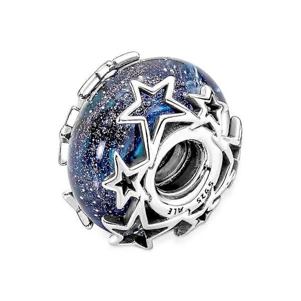 Pandora Hopeasormus Galaxy Blue & Star Murano, Tähti ja Puoliskuu-riipus Naisten Syntymäpäivälahjaksi Rannekoruun DIY Korut [DB] stars and moon