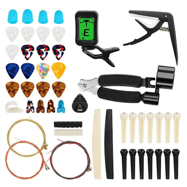 65-delars Gitarrtillbehörssats med Gitarrsträngar, Stämmare, Capo, Plektrum, Plektrumhållare, Tummefingerplock {Db} As Shown