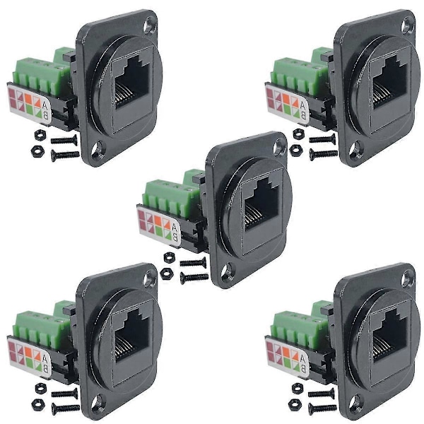5 ST RJ45 Hona Panelmontering Skruvterminaladapter, D-Typ RJ45 8P8C Hona till 8-pin Terminal [DB] Black