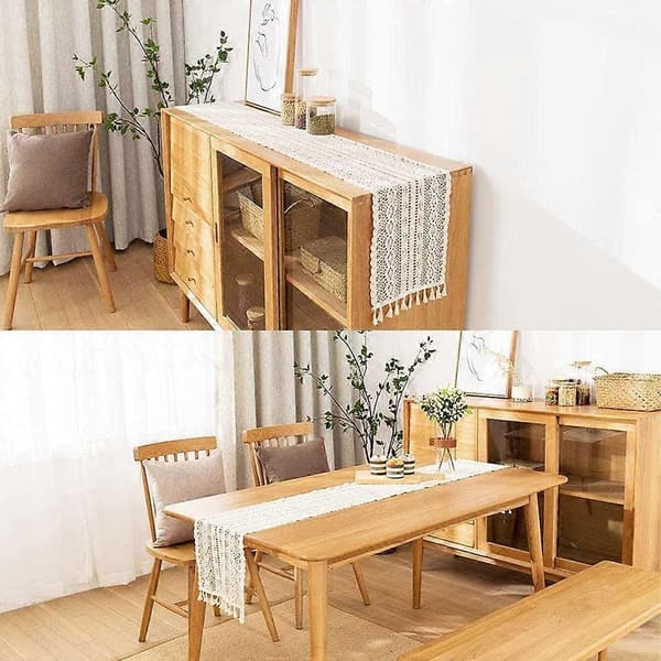 Heklet bordløper, beige makramé bordløper, boho bryllupsbord, bordløper db