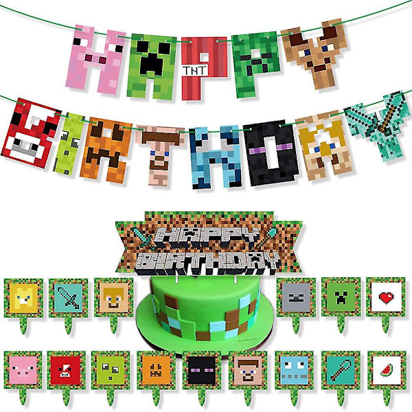 Minecraft-tema bursdagsfestutstyr Dekorasjoner Ballonger Banner Kakepynt Sett {DB}