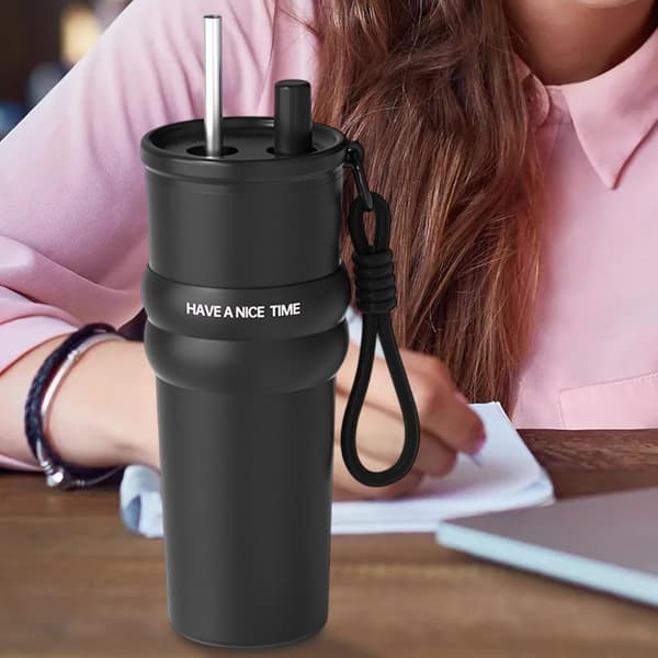 Isolerad bilmugg - 710 ml isolerad kaffemugg med lock och sugrör (DB)