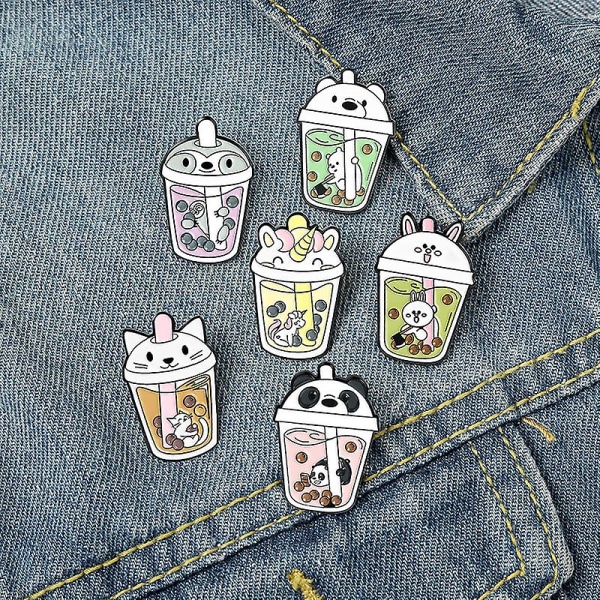 Ny tecknad Bubble Tea Cup Formade Broscher Set 6st Söt Djurhuvud Emalj Färgmärken Legering Lapel Pin Jeansskjorta Modesmycken Presentväska Hatt Acce