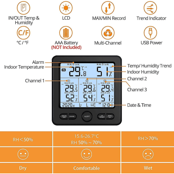 Trådlös väderstation med 3 utomhussensorer inomhus/utomhus digital termometer hygrometer med temperatur/fuktighetskalibrering ljudlig/bakgrundsbelyst Al