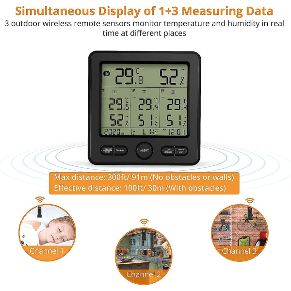 Trådlös väderstation med 3 utomhussensorer inomhus/utomhus digital termometer hygrometer med temperatur/fuktighetskalibrering ljudlig/bakgrundsbelyst Al