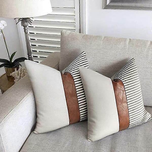Sæt med 2 bondegårdsindretning stribet patchwork linned pudebetræk