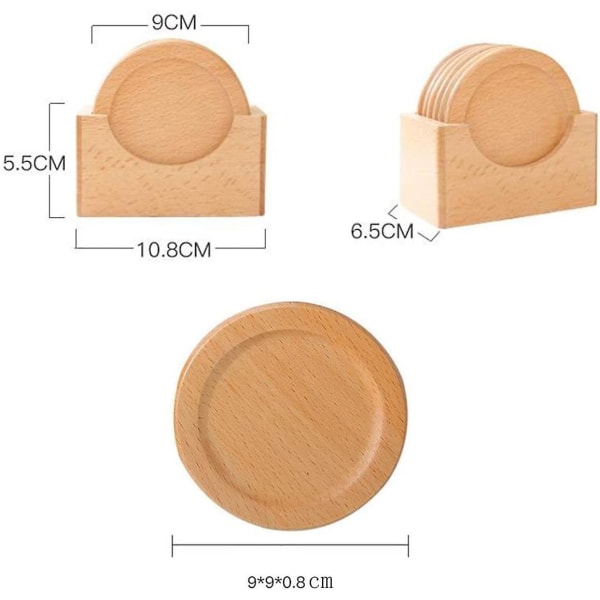 Træ drikkeunderlag, 6 stk. bambus træ underlag naturlige skiver runde underlagssæt med holder til hjem køkkenbord indflytningsgave 9cm