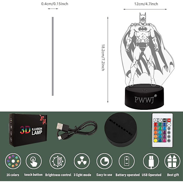 3D nattlys The Batman leker nattbord skrivebord illusjonslampe fargeskiftende LED akryl RGB lys gaver til Batman-fans {db}