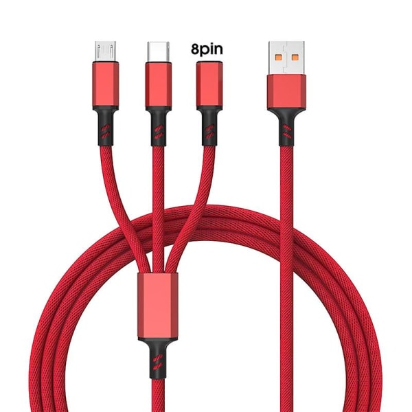 Datakabel 3-i-1 Snabbladdningsväv 5a Micro USB/type-c/8pin Mobiltelefon Datalinje Laddningssladd för smartphone Jikaix Red