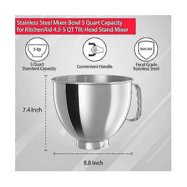 Lämplig för rostfri skål för KitchenAid Classic & Artisan Series 4.5-5 QT Tilt-Head Mixer, 5 Quart 304 rostfri skål [DB] Silver
