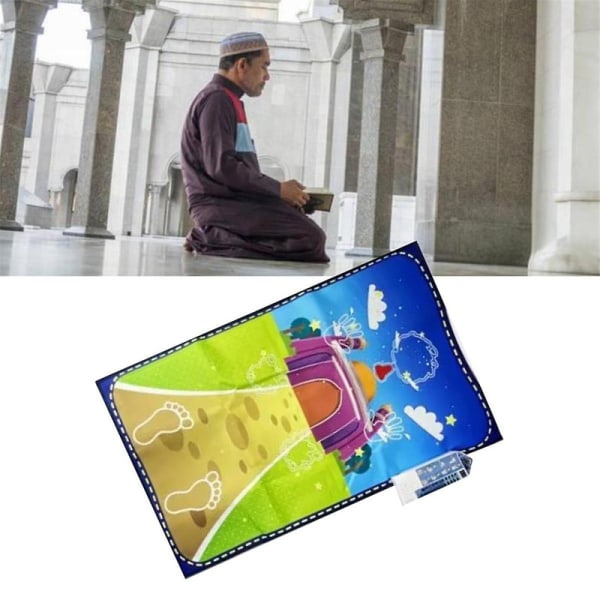 110x70cm Muslimsk Bønnetæppe Børn Interaktiv Intelligent Bøn Undervisningsmåtte Tilbedelses Tæppe [DB] Blue Yellow