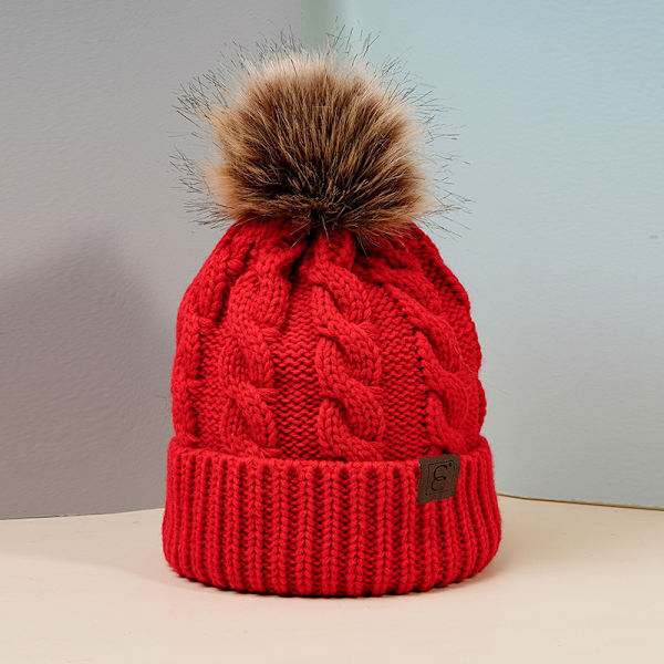 Vinter Oversized Ensfarget Kabelstrikket Pom Pom Beanie, Valentinsgave til henne db Bright Red One Size Fits All