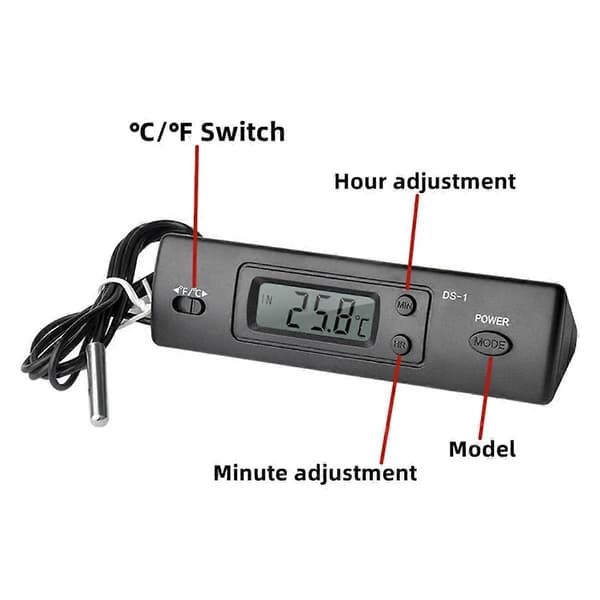 -1 Bil Termometer LCD Display C/F Ur Temperatur Sensor Controller Indendørs Udendørs Termostat med Probe [DB] Black