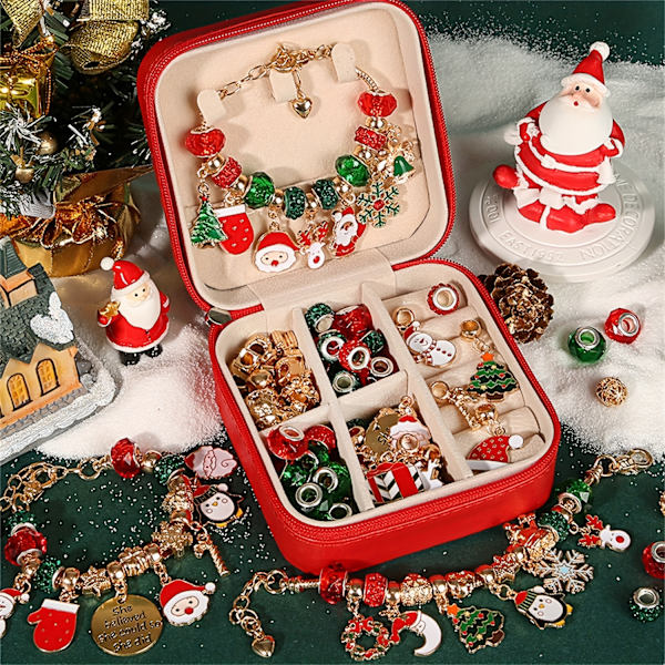 Julcharm Armband Gör-Det-Själv-Kit, Elegant Rödgrön Serie DIY Pärlor för Konst och Hantverk Smyckestillverkningskit, Julgåvosats Christmas Set