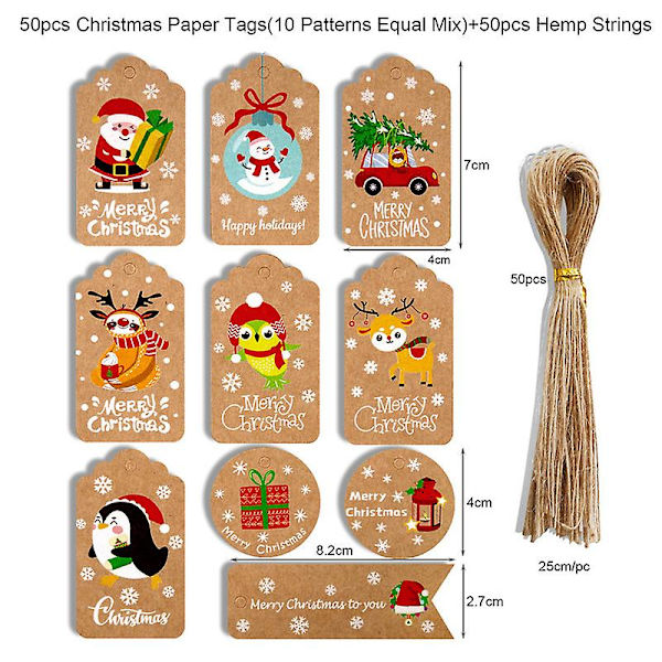 50 stk Gavekoder Papir Etiketter DIY Gaveinnpakning Emballasjeforsyninger Juletrær Hengende Ornamenter 2024 Nyttårsdekorasjon [Db] 50pcs-set1