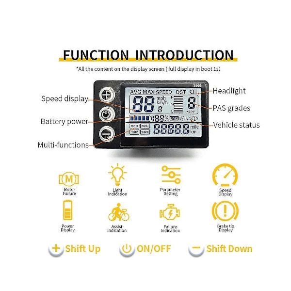 24V 36V 48V 60V Vattentät LCD-display S866 Kontrollerpanel Instrumentbräda Elektrisk Cykel Display för El(5Pin) Db Black